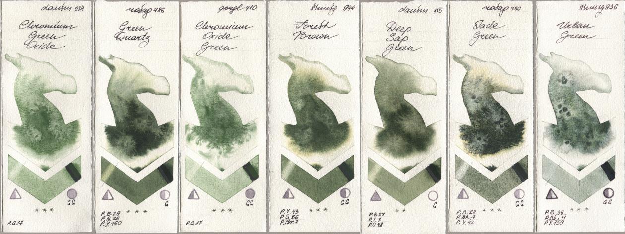 Daniel Smith 024 Chromium Green Oxide, Rosa Gallery 786 Green Quartz, Golden QOR 410 Chromium Oxide Green, Shminke Horadam Aquarell 944 Forest Brown, 175 Deep Sap Green, 766 Jade Green, 936 Urban Gre watercolor swatch