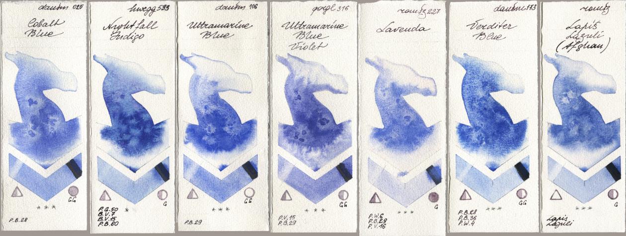 Daniel Smith 025 Cobalt Blue, Holbein Artists Watercolor 533 Nightfall Indigo, 106 Ultramarine Blue, Golden QOR 316 Ultramarine Blue Violet, Roman Szmal Aquarius 227 Lavenda, 173 Verditer Blue, 999 Lapis Lazuli Afgh watercolor swatch
