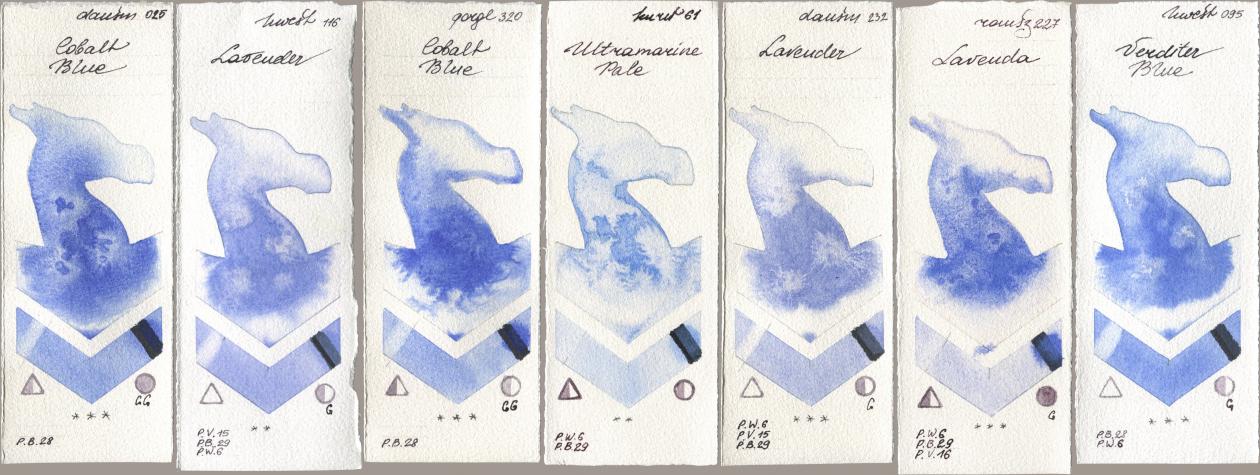 Daniel Smith 025 Cobalt Blue, Holbein Artists Watercolor 116 Lavender, Golden QOR 320 Cobalt Blue, Kuretake Gansai Tambi 061 Ultramarine Pale, 232 Lavender, Roman Szmal Aquarius 227 Lavenda, 095 Verditer Bl watercolor swatch