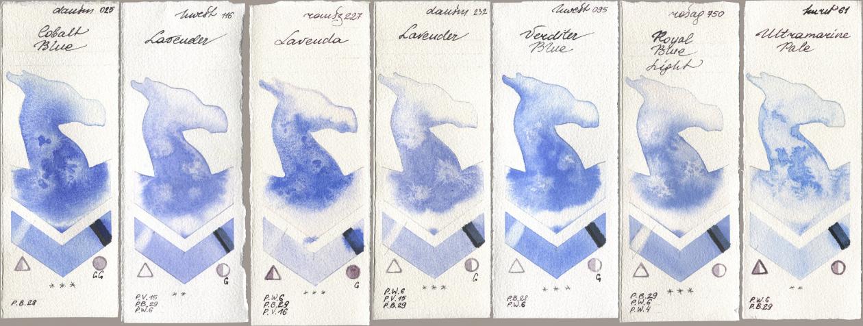 Daniel Smith 025 Cobalt Blue, Holbein Artists Watercolor 116 Lavender, Roman Szmal Aquarius 227 Lavenda, 232 Lavender, 095 Verditer Blue, Rosa Gallery 750 Royal Blue Light, Kuretake Gansai Tambi 061 Ultramarine Pa watercolor swatch