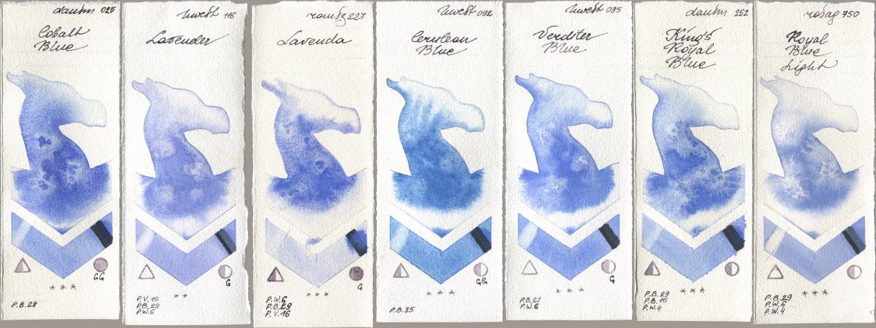 Daniel Smith 025 Cobalt Blue, Holbein Artists Watercolor 116 Lavender, Roman Szmal Aquarius 227 Lavenda, 092 Cerulean Blue, 095 Verditer Blue, 252 King’s Royal Blue, Rosa Gallery 750 Royal Blue Lig watercolor swatch