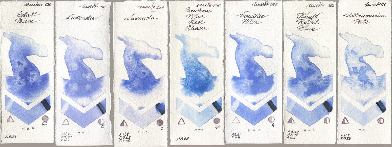 Daniel Smith 025 Cobalt Blue, Holbein Artists Watercolor 116 Lavender, Roman Szmal Aquarius 227 Lavenda, Sennelier l Aquarelle 305 Cerulean Blue Red Shade, 095 Verditer Blue, 252 King’s Royal Blue, Kuretake Gansai Tambi 061 Ultramarine Pa watercolor swatch