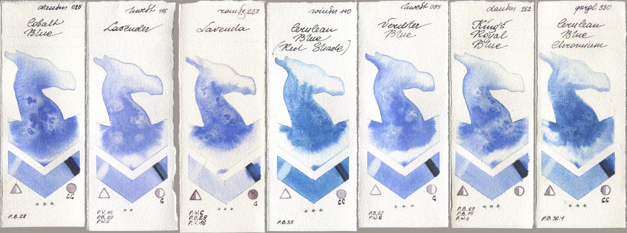 Daniel Smith 025 Cobalt Blue, Holbein Artists Watercolor 116 Lavender, Roman Szmal Aquarius 227 Lavenda, Winsor & Newton Professional 140 Cerulean Blue (Red Shade), 095 Verditer Blue, 252 King’s Royal Blue, Golden QOR 330 Cerulean Blue, Chromi watercolor swatch