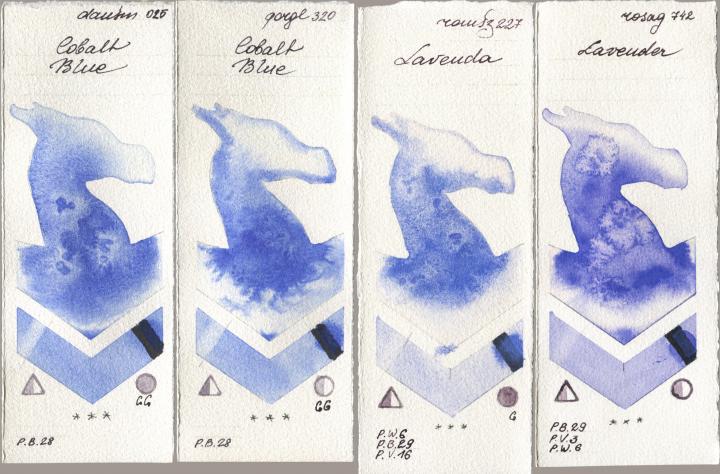 Daniel Smith 025 Cobalt Blue, Golden QOR 320 Cobalt Blue, Roman Szmal Aquarius 227 Lavenda, Rosa Gallery 742 Lavend watercolor swatch