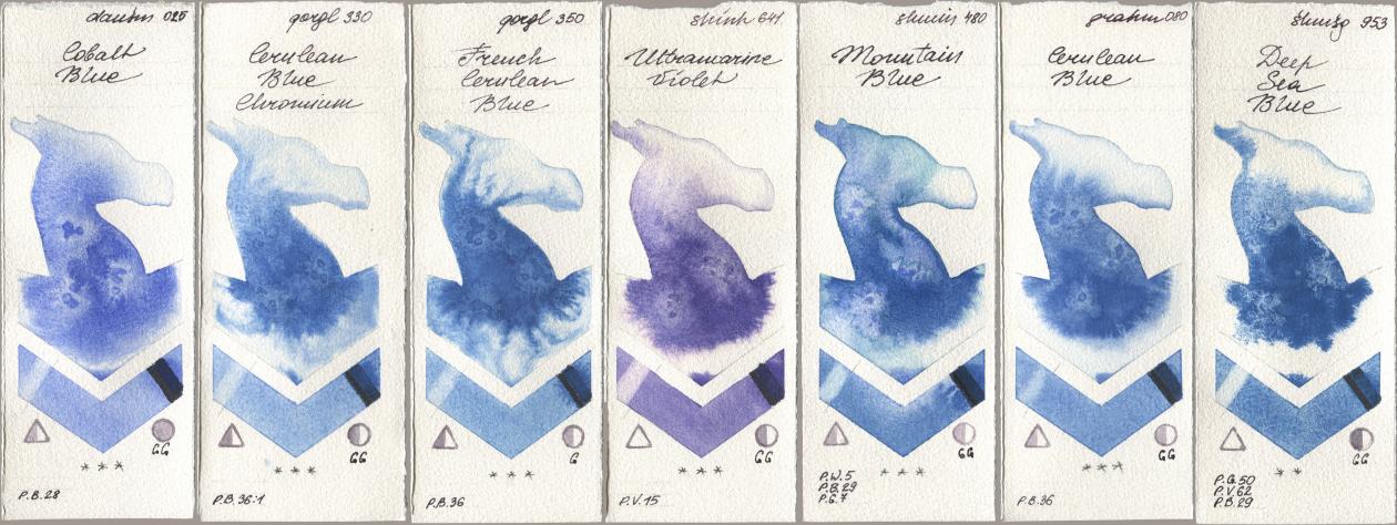 Daniel Smith 025 Cobalt Blue, Golden QOR 330 Cerulean Blue, Chromium, 350 French Cerulean Blue, Shinhan PWC 641 Ultramarine Violet, Shminke Horadam Aquarell 480 Mountain Blue, M. Graham & Co. Artists 080 Cerulean Blue, 953 Deep Sea Bl watercolor swatch
