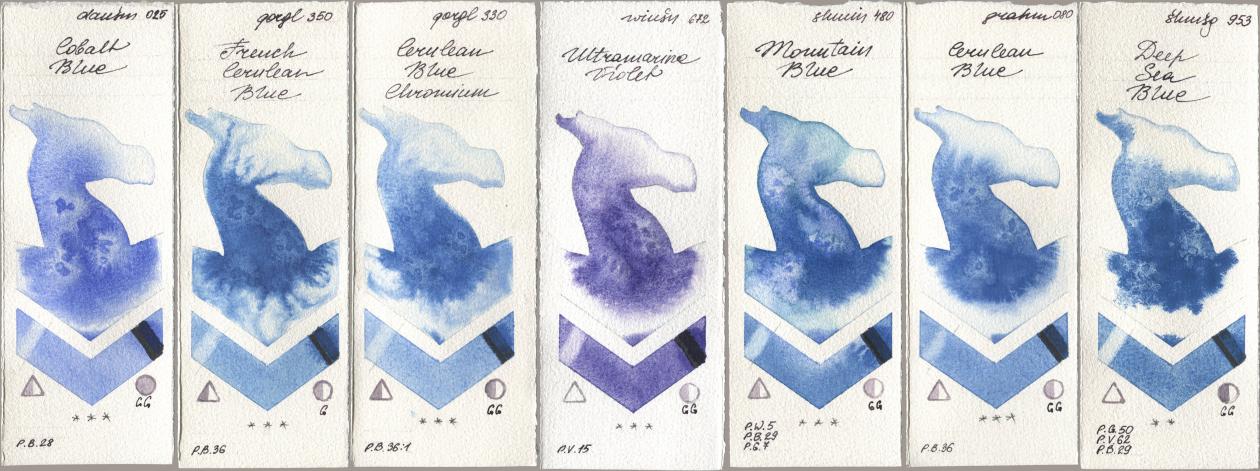 Daniel Smith 025 Cobalt Blue, Golden QOR 350 French Cerulean Blue, 330 Cerulean Blue, Chromium, Winsor & Newton Professional 672 Ultramarine Violet, Shminke Horadam Aquarell 480 Mountain Blue, M. Graham & Co. Artists 080 Cerulean Blue, 953 Deep Sea Bl watercolor swatch