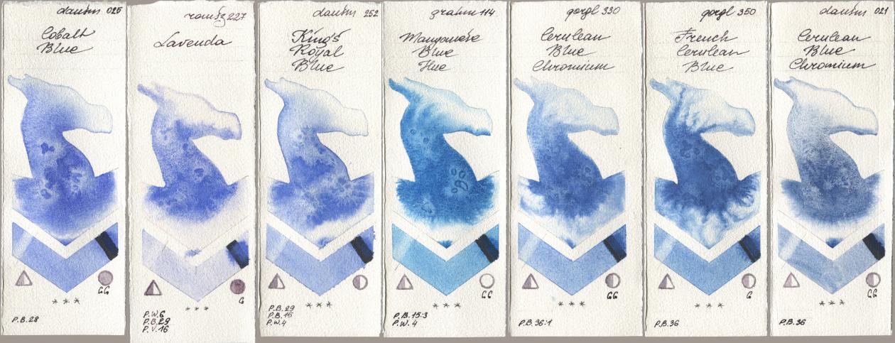 Daniel Smith 025 Cobalt Blue, Roman Szmal Aquarius 227 Lavenda, 252 King’s Royal Blue, M. Graham & Co. Artists 114 Manganese Blue Hue, Golden QOR 330 Cerulean Blue, Chromium, 350 French Cerulean Blue, 021 Cerulean Blue Chromi watercolor swatch