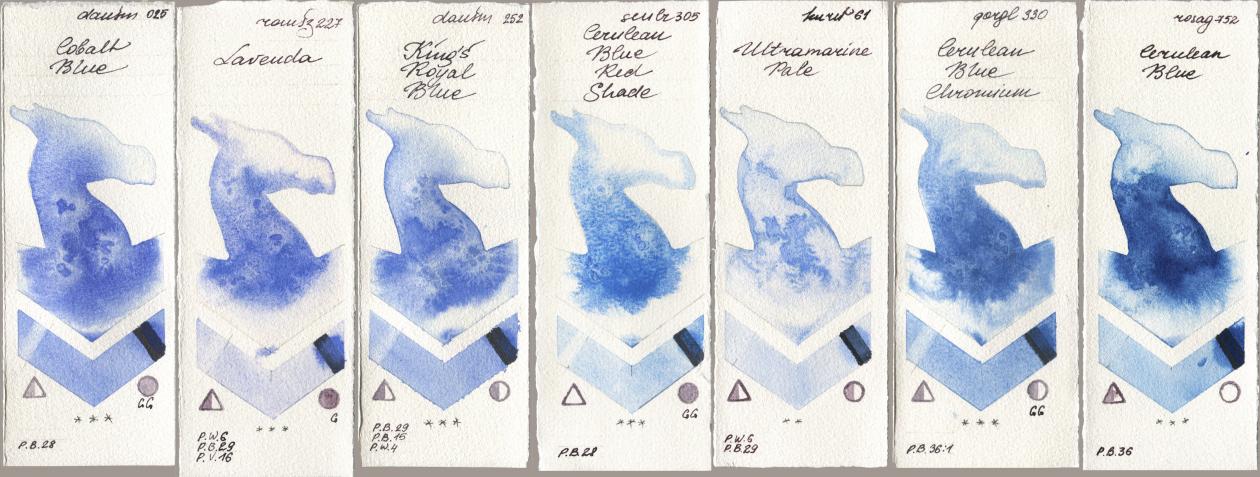 Daniel Smith 025 Cobalt Blue, Roman Szmal Aquarius 227 Lavenda, 252 King’s Royal Blue, Sennelier l Aquarelle 305 Cerulean Blue Red Shade, Kuretake Gansai Tambi 061 Ultramatire Pale, Golden QOR 330 Cerulean Blue, Chromium, Rosa Gallery 752 Cerulean Bl watercolor swatch