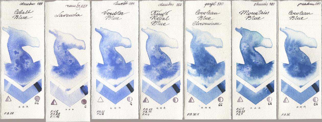 Daniel Smith 025 Cobalt Blue, Roman Szmal Aquarius 227 Lavenda, Holbein Artists Watercolor 095 Verditer Blue, 252 King’s Royal Blue, Golden QOR 330 Cerulean Blue, Chromium, Shminke Horadam Aquarell 480 Mountain Blue, M. Graham & Co. Artists 080 Cerulean Bl watercolor swatch