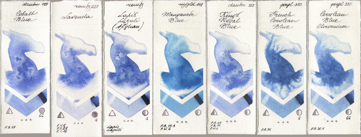 Daniel Smith 025 Cobalt Blue, Roman Szmal Aquarius 227 Lavenda, 999 Lapis Lazuli Afghan, Mijello Mission Gold 548 Manganese Blue, 252 King’s Royal Blue, Golden QOR 350 French Cerulean Blue, 330 Cerulean Blue, Chromi watercolor swatch
