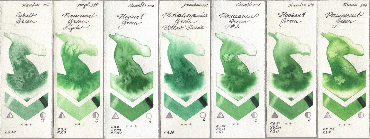 Daniel Smith 026 Cobalt Green, Golden QOR 385 Permanent Green Light, Holbein Artists Watercolor 062 Hookers Green, M. Graham & Co. Artists 151 Phthalocyanine Green Yellow Shade, 067 Permanent Green No 2, 042 Hookers Green, Shminke Horadam Aquarell 526 Permanent Gre watercolor swatch