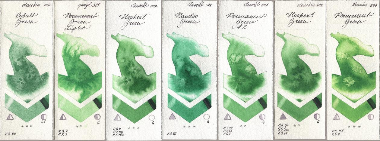 Daniel Smith 026 Cobalt Green, Golden QOR 385 Permanent Green Light, Holbein Artists Watercolor 062 Hookers Green, 078 Bamboo Green, 067 Permanent Green No 2, 042 Hookers Green, Shminke Horadam Aquarell 526 Permanent Gre watercolor swatch