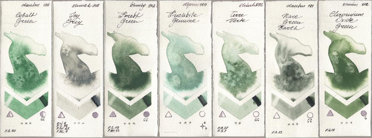 Daniel Smith 026 Cobalt Green, Shminke Akademie Aquarell 918 Icy Grey, Shminke Horadam Aquarell 942 Forest Green, 169 Fuchsite Genuine, Shinhan PWC 592 Terre Verte, 181 Rare Green Earth, 512 Chromium Oxide Gre watercolor swatch
