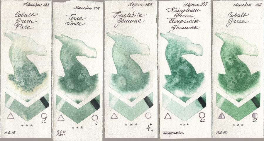 Daniel Smith 027 Cobalt Green Pale, 104 Terre Verte, 169 Fuchsite Genuine, 155 Kingman Green Turquoise Genuine, 026 Cobalt Gre watercolor swatch