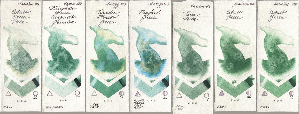 Daniel Smith 027 Cobalt Green Pale, 155 Kingman Green Turquoise Genuine, Holbein Artists Watercolor 523 Wonder Forest Green, 524 Peafowl Green, 104 Terre Verte, M. Graham & Co. Artists 095 Cobalt Green, 026 Cobalt Gre watercolor swatch