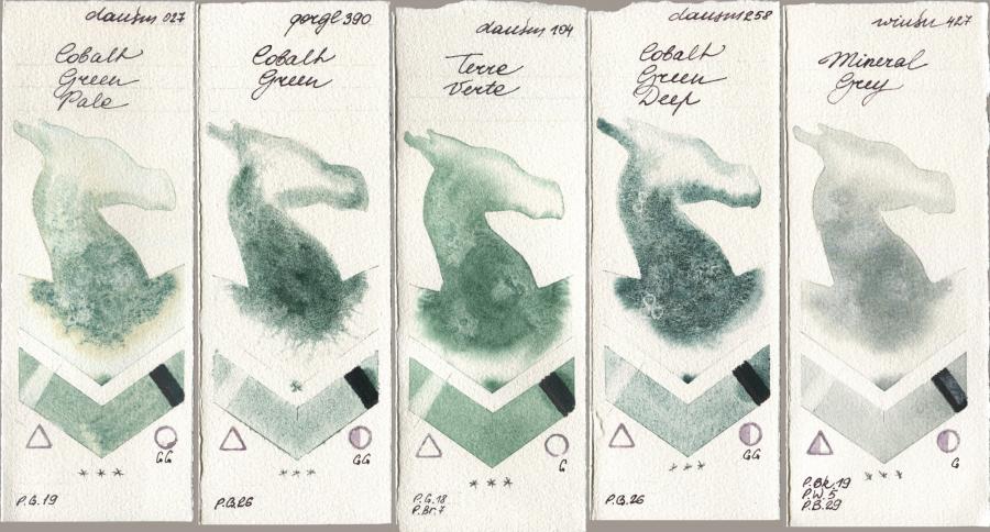 Daniel Smith 027 Cobalt Green Pale, Golden QOR 390 Cobalt Green, 104 Terre Verte, 258 Cobalt Green Deep, Winsor & Newton Professional 427 Mineral Gr watercolor swatch