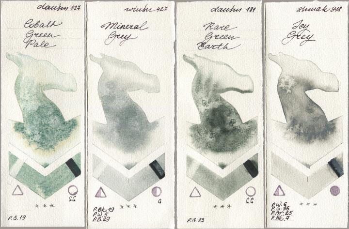 Daniel Smith 027 Cobalt Green Pale, Winsor & Newton Professional 427 Mineral Grey, 181 Rare Green Earth, Shminke Akademie Aquarell 918 Icy Gr watercolor swatch
