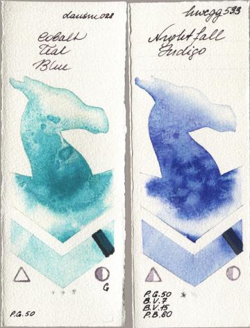 Daniel Smith 028 Cobalt Teal Blue vs Holbein Artists Watercolor 533 Nightfall Indigo watercolor swatch