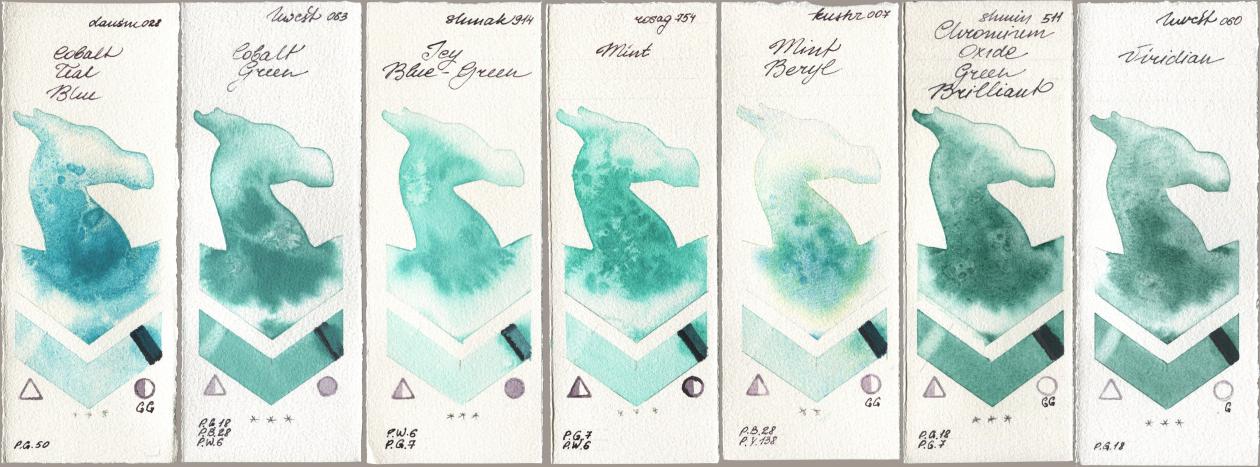 Daniel Smith 028 Cobalt Teal Blue, Holbein Artists Watercolor 063 Cobalt Green, Shminke Akademie Aquarell 914 Icy Blue-Green, Rosa Gallery 754 Mint, Kusakabe 007 Mint Beryl, Shminke Horadam Aquarell 511 Chromium Oxide Green Brilliant, 060 Viridi watercolor swatch