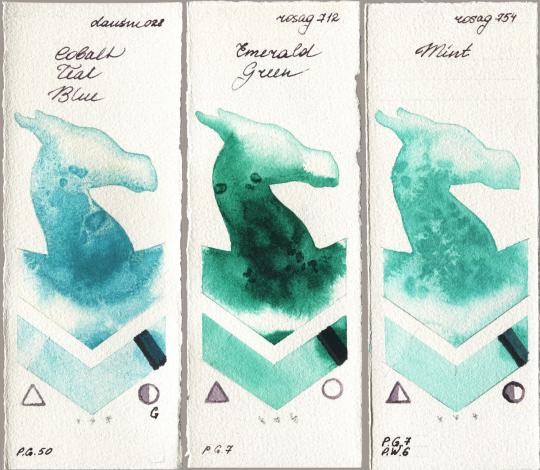 Daniel Smith 028 Cobalt Teal Blue vs Rosa Gallery 712 Emerald Green vs 754 Mint watercolor swatch