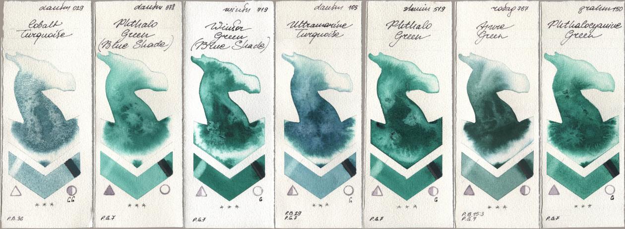 Daniel Smith 029 Cobalt Turquoise, 078 Phthalo Green (Blue Shade), Winsor & Newton Professional 719 Winsor Green (Blue Shade), 105 Ultramarine Turquoise, Shminke Horadam Aquarell 519 Phthalo Green, Rosa Gallery 767 Azure Green, M. Graham & Co. Artists 150 Phthalocyanine Gre watercolor swatch