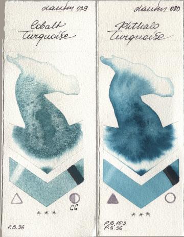 Daniel Smith 029 Cobalt Turquoise, 080 Phthalo Turquoi watercolor swatch