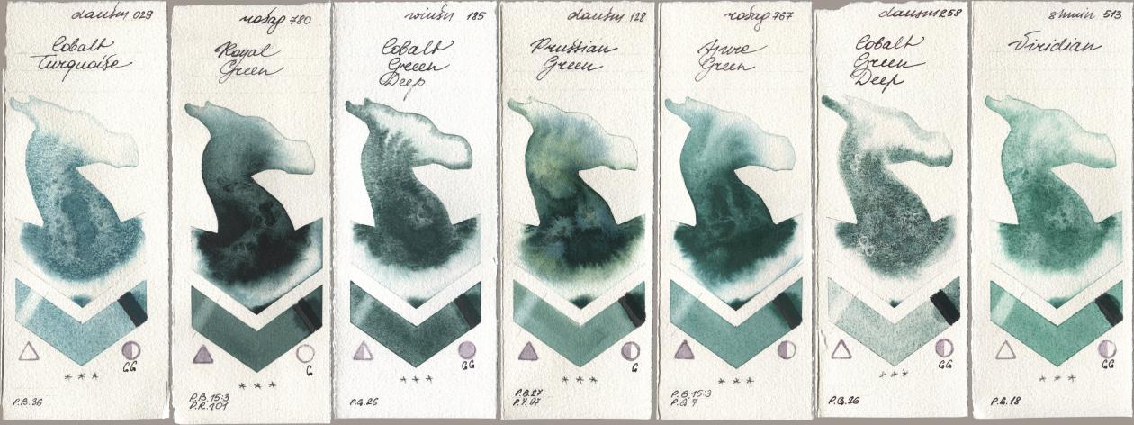 Daniel Smith 029 Cobalt Turquoise, Rosa Gallery 780 Royal Green, Winsor & Newton Professional 185 Cobalt Green Deep, 128 Prussian Green, 767 Azure Green, 258 Cobalt Green Deep, Shminke Horadam Aquarell 513 Viridi watercolor swatch