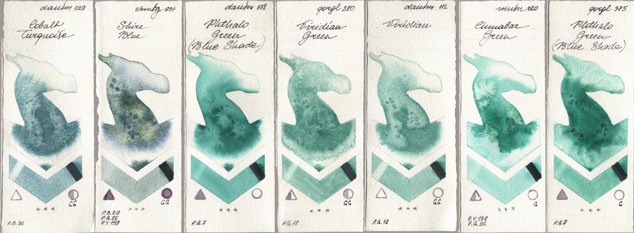 Daniel Smith 029 Cobalt Turquoise, Shminke Horadam Aquarell 934 Shire Blue, 078 Phthalo Green (Blue Shade), Golden QOR 380 Viridian Green, 112 Viridian, Winsor & Newton Professional 420 Cinnabar Green, 375 Phthalo Green (Blue Shad watercolor swatch
