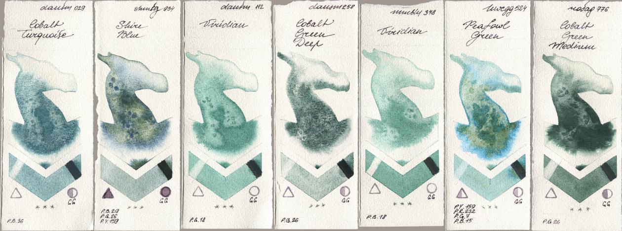 Daniel Smith 029 Cobalt Turquoise, Shminke Horadam Aquarell 934 Shire Blue, 112 Viridian, 258 Cobalt Green Deep, Maimeri Blu 348 Viridian, Holbein Artists Watercolor 524 Peafowl Green, Rosa Gallery 776 Cobalt Green Medi watercolor swatch