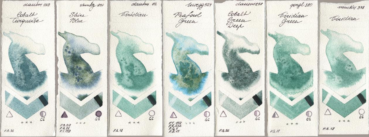 Daniel Smith 029 Cobalt Turquoise, Shminke Horadam Aquarell 934 Shire Blue, 112 Viridian, Holbein Artists Watercolor 524 Peafowl Green, 258 Cobalt Green Deep, Golden QOR 380 Viridian Green, Maimeri Blu 348 Viridi watercolor swatch