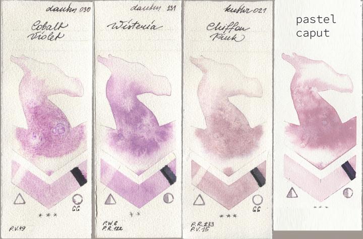 Daniel Smith 030 Cobalt Violet, 231 Wisteria, Kusakabe 021 Chiffon Pink, my 035 pastel cap watercolor swatch