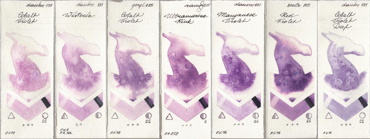 Daniel Smith 030 Cobalt Violet, 231 Wisteria, Golden QOR 285 Cobalt Violet, Roman Szmal Aquarius 215 Ultramarine Pink, 261 Manganese Violet, Sennelier l Aquarelle 905 Red Violet, 031 Cobalt Violet De watercolor swatch