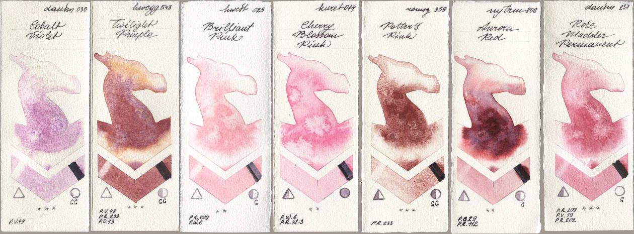 Daniel Smith 030 Cobalt Violet, Holbein Artists Watercolor 543 Twilight Purple, 025 Brilliant Pink, Kuretake Gansai Tambi 014 Cherry Blossom Pink, Roman Szmal Aquarius 359 Potters Pink, Mijello Mission Gold 806 Aurora Red, 237 Rose Madder Permane watercolor swatch