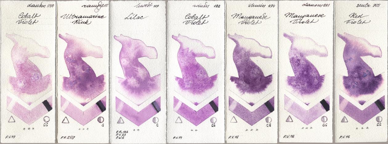 Daniel Smith 030 Cobalt Violet, Roman Szmal Aquarius 215 Ultramarine Pink, Holbein Artists Watercolor 117 Lilac, Winsor & Newton Professional 192 Cobalt Violet, Shminke Horadam Aquarell 474 Manganese Violet, 261 Manganese Violet, Sennelier l Aquarelle 905 Red Viol watercolor swatch