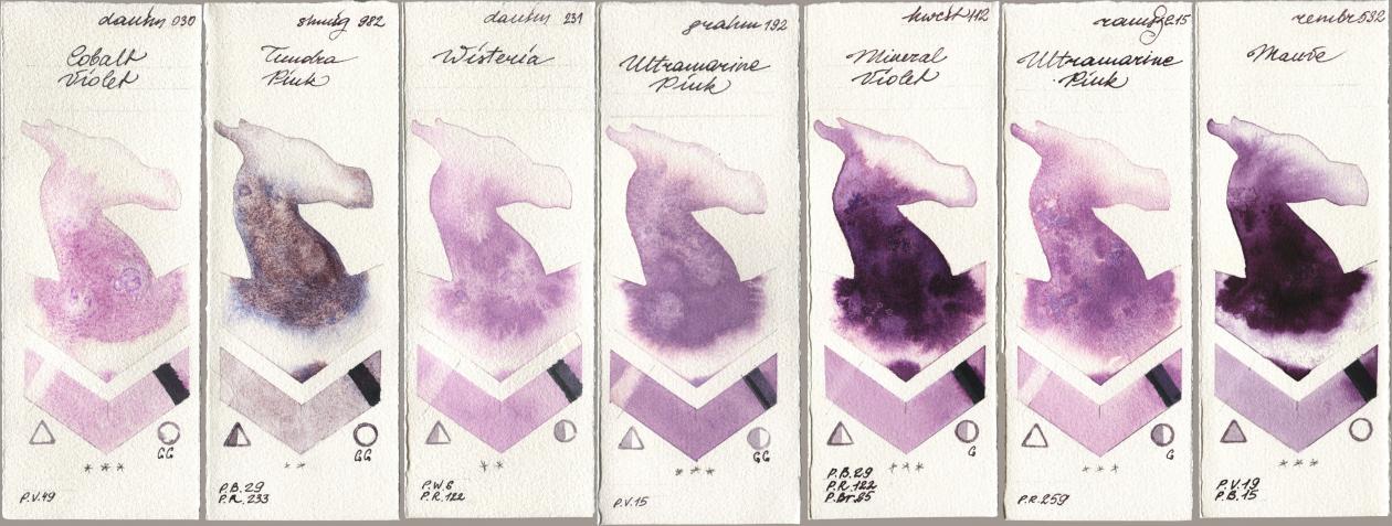 Daniel Smith 030 Cobalt Violet, Shminke Horadam Aquarell 982 Tundra Pink, 231 Wisteria, M. Graham & Co. Artists 192 Ultramarine Pink, Holbein Artists Watercolor 112 Mineral Violet, Roman Szmal Aquarius 215 Ultramarine Pink, Royal Talens Rembrandt Watercolour 532 Mau watercolor swatch
