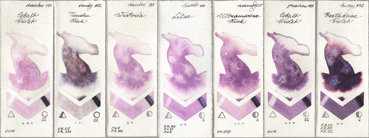 Daniel Smith 030 Cobalt Violet, Shminke Horadam Aquarell 982 Tundra Pink, 231 Wisteria, Holbein Artists Watercolor 117 Lilac, Roman Szmal Aquarius 215 Ultramarine Pink, M. Graham & Co. Artists 099 Cobalt Violet, 542 Earthshine Viol watercolor swatch