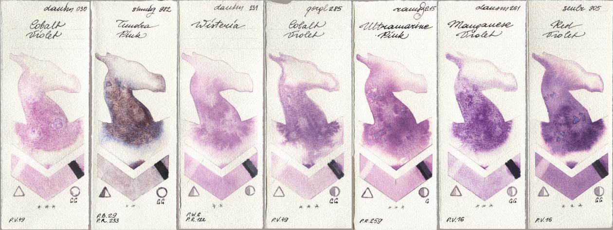 Daniel Smith 030 Cobalt Violet, Shminke Horadam Aquarell 982 Tundra Pink, 231 Wisteria, Golden QOR 285 Cobalt Violet, Roman Szmal Aquarius 215 Ultramarine Pink, 261 Manganese Violet, Sennelier l Aquarelle 905 Red Viol watercolor swatch