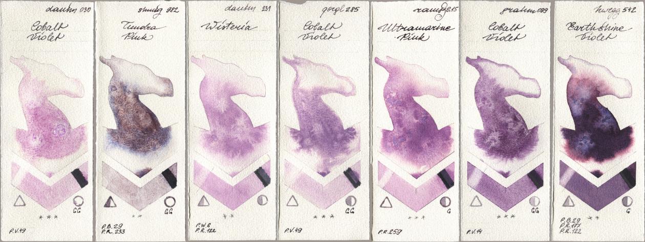 Daniel Smith 030 Cobalt Violet, Shminke Horadam Aquarell 982 Tundra Pink, 231 Wisteria, Golden QOR 285 Cobalt Violet, Roman Szmal Aquarius 215 Ultramarine Pink, M. Graham & Co. Artists 099 Cobalt Violet, Holbein Artists Watercolor 542 Earthshine Viol watercolor swatch