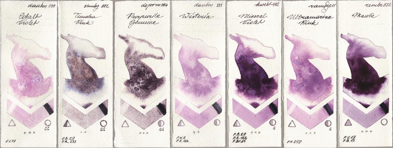Daniel Smith 030 Cobalt Violet, Shminke Horadam Aquarell 982 Tundra Pink, 164 Purpurite Genuine, 231 Wisteria, Holbein Artists Watercolor 112 Mineral Violet, Roman Szmal Aquarius 215 Ultramarine Pink, Royal Talens Rembrandt Watercolour 532 Mau watercolor swatch
