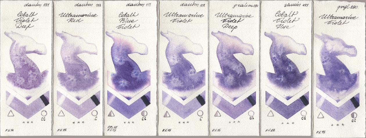 Daniel Smith 031 Cobalt Violet Deep, 107 Ultramarine Red, 115 Cobalt Blue Violet, 108 Ultramarine Violet, M. Graham & Co. Artists 194 Ultramarine Violet Deep, Shminke Horadam Aquarell 473 Cobalt Violet Hue, Golden QOR 290 Ultramarine Viol watercolor swatch