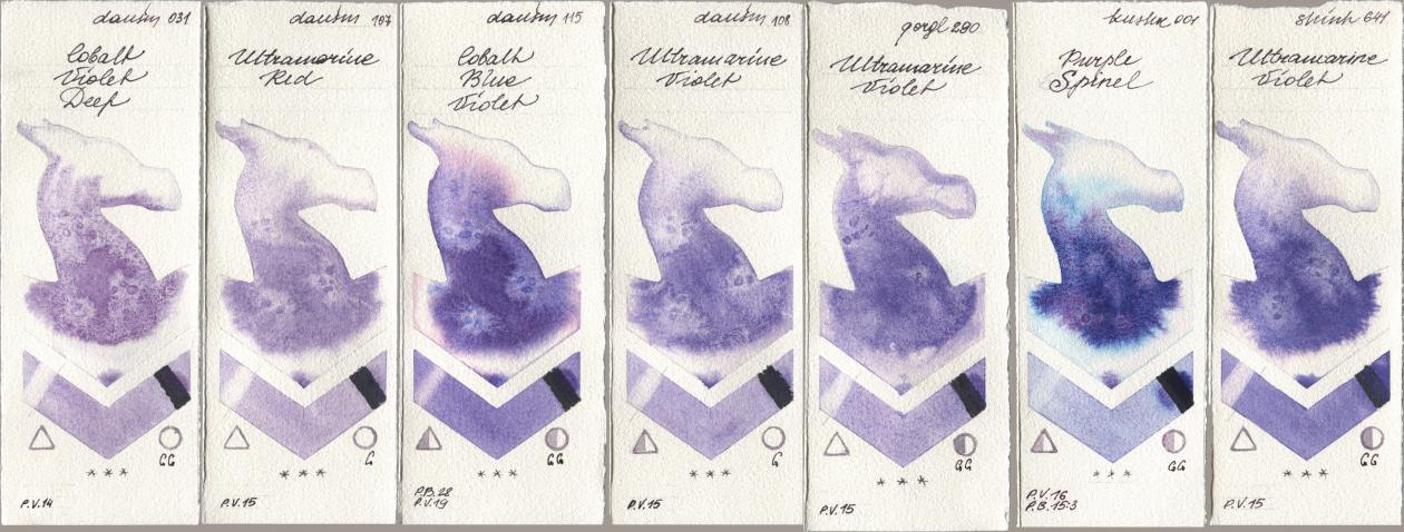 Daniel Smith 031 Cobalt Violet Deep, 107 Ultramarine Red, 115 Cobalt Blue Violet, 108 Ultramarine Violet, Golden QOR 290 Ultramarine Violet, Kusakabe 001 Purple Spinel, Shinhan PWC 641 Ultramarine Viol watercolor swatch