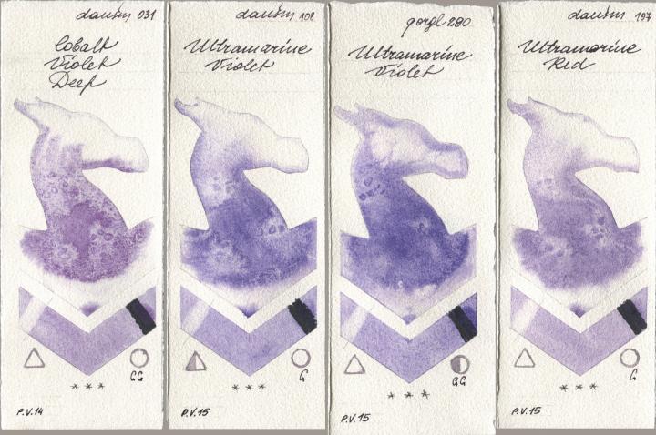 Daniel Smith 031 Cobalt Violet Deep, 108 Ultramarine Violet, Golden QOR 290 Ultramarine Violet, 107 Ultramarine R watercolor swatch