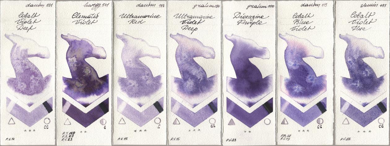 Daniel Smith 031 Cobalt Violet Deep, Holbein Artists Watercolor 541 Clematis Violet, 107 Ultramarine Red, M. Graham & Co. Artists 194 Ultramarine Violet Deep, 100 Dioxazine Purple, 115 Cobalt Blue Violet, Shminke Horadam Aquarell 473 Cobalt Violet H watercolor swatch