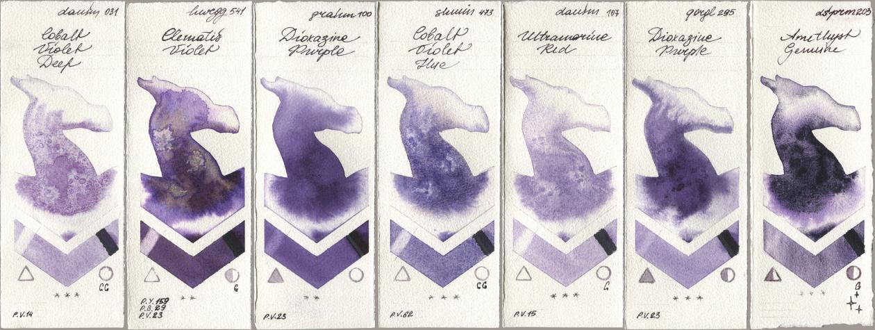 Daniel Smith 031 Cobalt Violet Deep, Holbein Artists Watercolor 541 Clematis Violet, M. Graham & Co. Artists 100 Dioxazine Purple, Shminke Horadam Aquarell 473 Cobalt Violet Hue, 107 Ultramarine Red, Golden QOR 295 Dioxazine Purple, 203 Amethyst Genui watercolor swatch