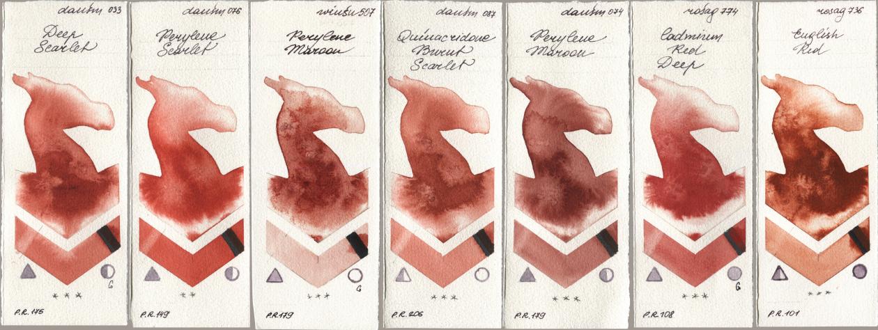 Daniel Smith 033 Deep Scarlet, 076 Perylene Scarlet, Winsor & Newton Professional 507 Perylene Maroon, 087 Quinacridone Burnt Scarlet, 074 Perylene Maroon, Rosa Gallery 774 Cadmium Red Deep, 736 English R watercolor swatch