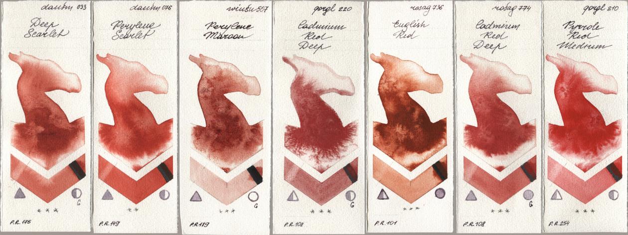 Daniel Smith 033 Deep Scarlet, 076 Perylene Scarlet, Winsor & Newton Professional 507 Perylene Maroon, Golden QOR 220 Cadmium Red Deep, Rosa Gallery 736 English Red, 774 Cadmium Red Deep, 210 Pyrrole Red Medi watercolor swatch