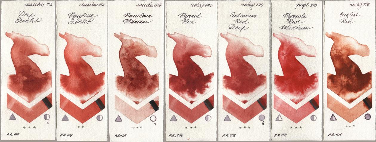 Daniel Smith 033 Deep Scarlet, 076 Perylene Scarlet, Winsor & Newton Professional 507 Perylene Maroon, Rosa Gallery 775 Pyrrole Red, 774 Cadmium Red Deep, Golden QOR 210 Pyrrole Red Medium, 736 English R watercolor swatch