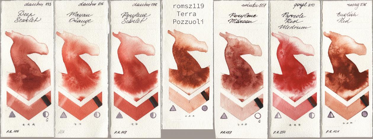 Daniel Smith 033 Deep Scarlet, 216 Mayan Orange, 076 Perylene Scarlet, my 119 pozzuoli, Winsor & Newton Professional 507 Perylene Maroon, Golden QOR 210 Pyrrole Red Medium, Rosa Gallery 736 English R watercolor swatch