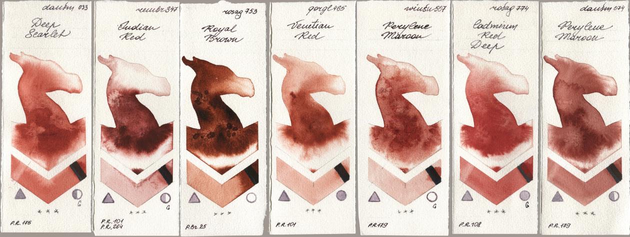 Daniel Smith 033 Deep Scarlet, Royal Talens Rembrandt Watercolour 347 Indian Red, Rosa Gallery 753 Royal Brown, Golden QOR 465 Venetian Red, Winsor & Newton Professional 507 Perylene Maroon, 774 Cadmium Red Deep, 074 Perylene Maro watercolor swatch