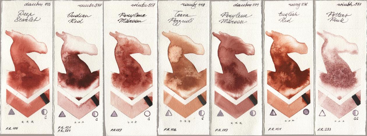 Daniel Smith 033 Deep Scarlet, Royal Talens Rembrandt Watercolour 347 Indian Red, Winsor & Newton Professional 507 Perylene Maroon, Roman Szmal Aquarius 119 Terra Pozzuoli, 074 Perylene Maroon, Rosa Gallery 736 English Red, 537 Potters Pi watercolor swatch
